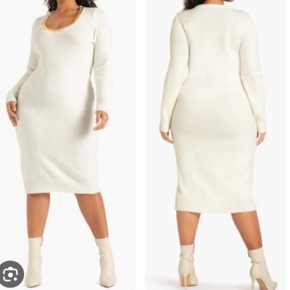ELOQUI SWEATER DRESS CREAM WITH CHUNKY GOLD CHAIN NECKLINE SIZE 18 - Picture 12 of 12